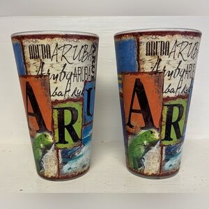 Set Of 2 - Aruba Glass Souvenir Drinking Wrap Around Logo Hand Wash 16oz Heavy
